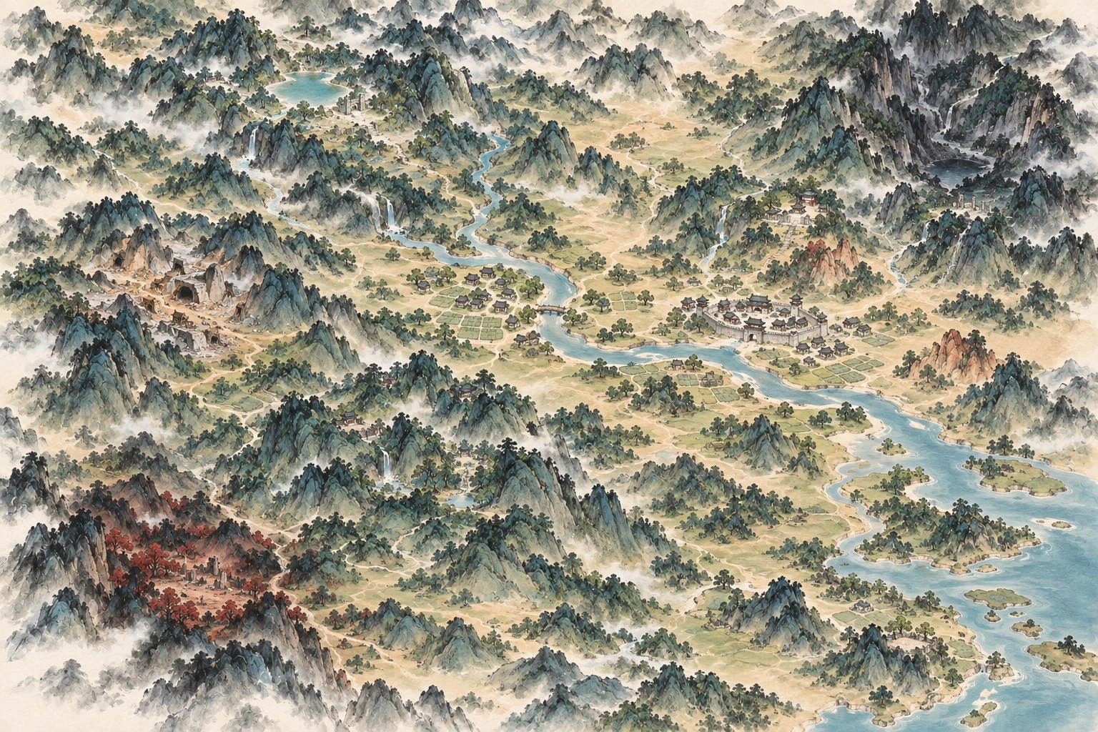 《一念千界》天南区域的水墨地图